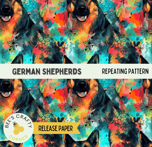 The image is a repeating pattern of German Shepherds with a colorful, abstract background.
