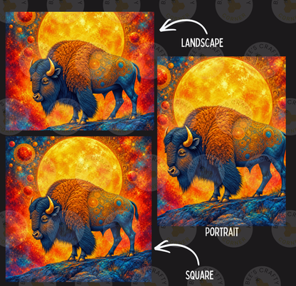 The image is a collage of three images depicting a buffalo against a backdrop of a large, bright yellow moon. The buffalo is shown in different poses, with the first image being a landscape, the second a portrait, and the third a square.