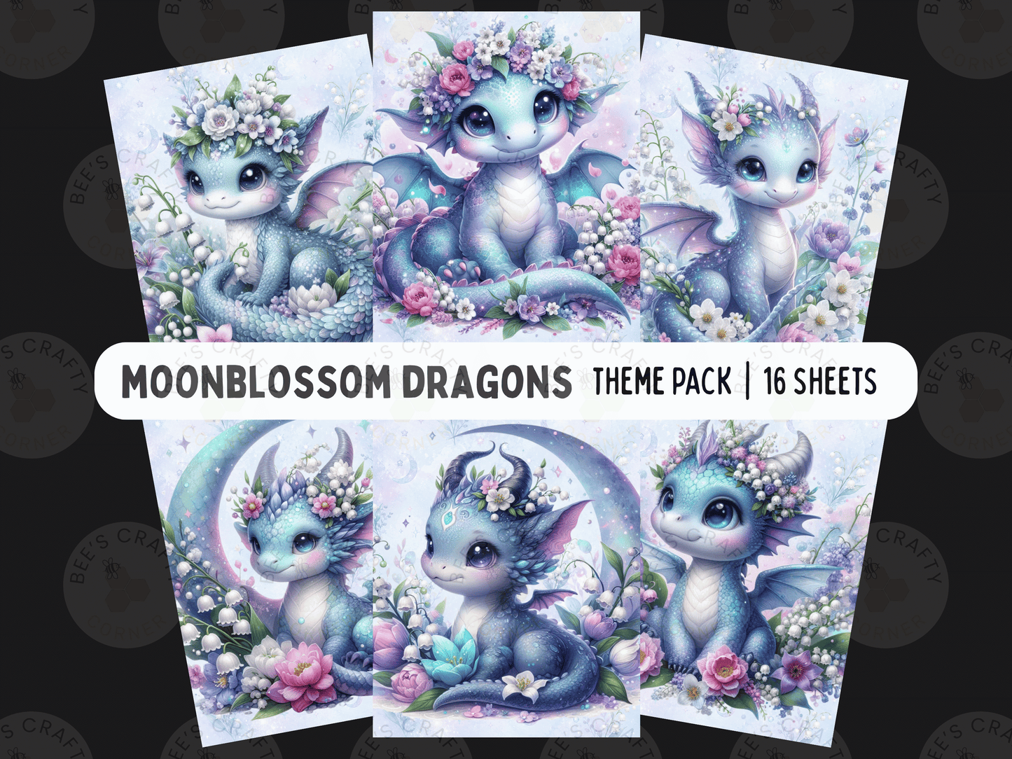 The image is a theme pack of 16 sheets featuring various illustrations of blue dragons with floral crowns.