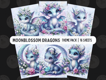 The image is a theme pack of 16 sheets featuring various illustrations of blue dragons with floral crowns.