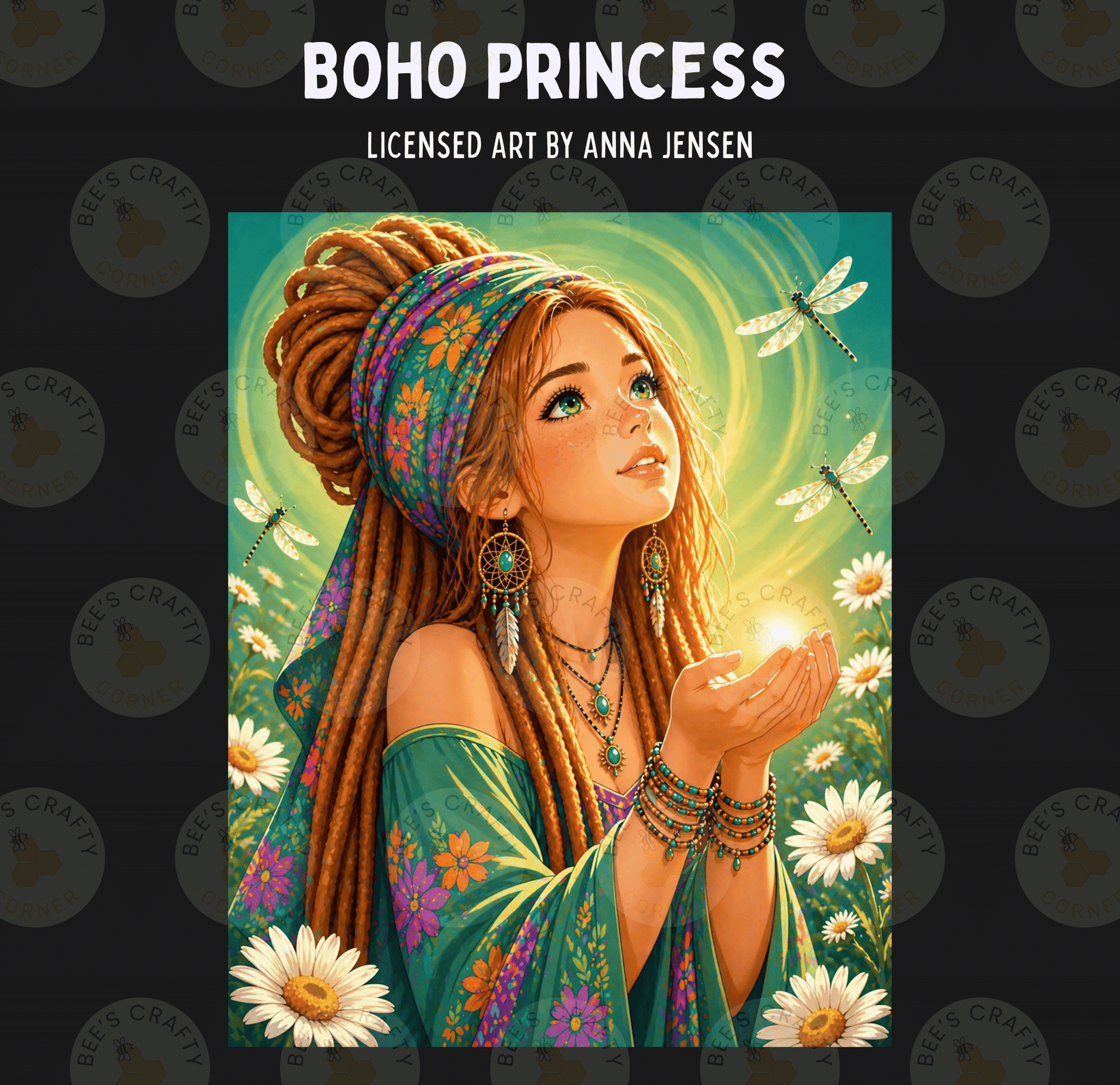 The image is a vibrant illustration of a young woman with long, braided hair and a turquoise dress, surrounded by flowers and butterflies.
