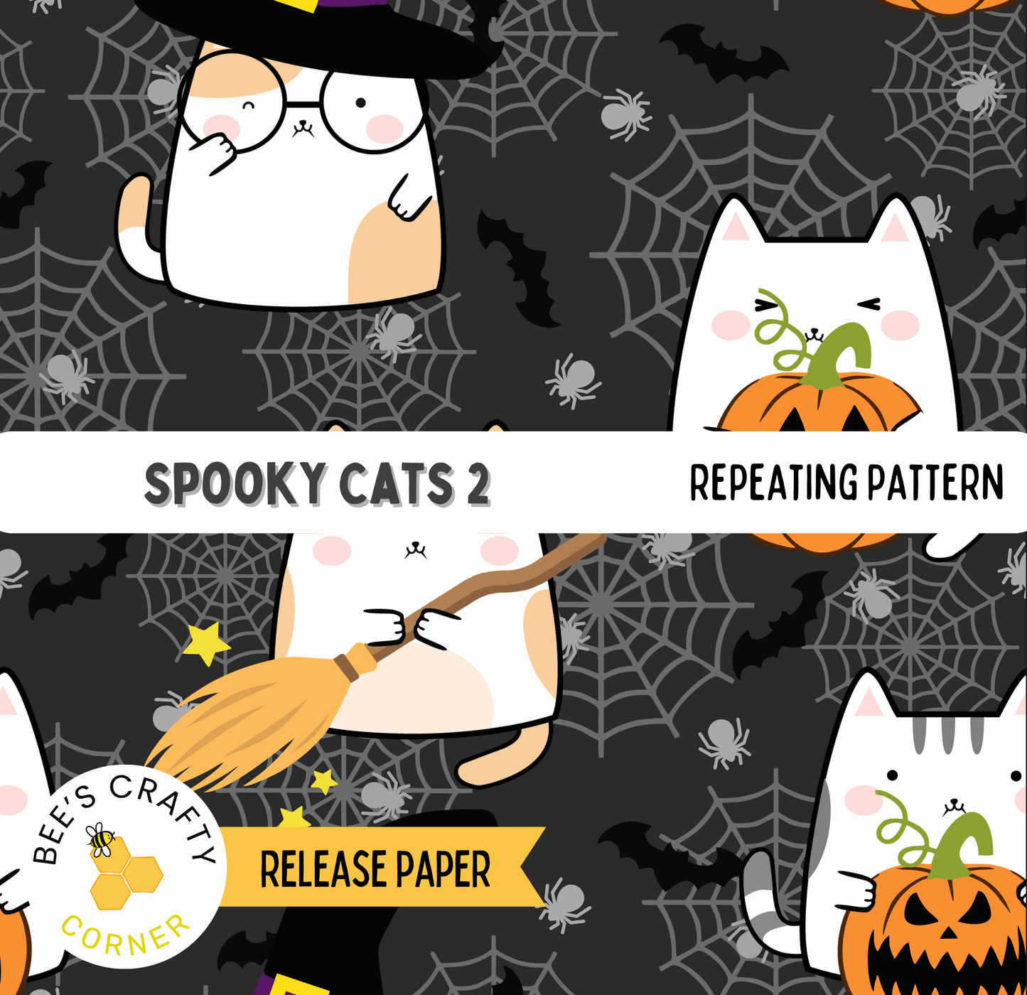 The image is a Halloween-themed collage featuring spooky cats and pumpkins, with a repeating pattern of the cats and pumpkins throughout the image.