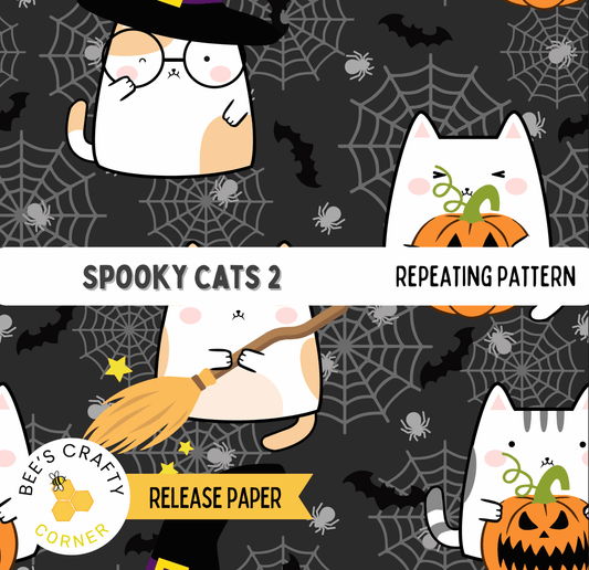 The image is a Halloween-themed collage featuring spooky cats and pumpkins, with a repeating pattern of the cats and pumpkins throughout the image.