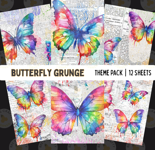 The image is a collage of 12 colorful watercolor butterfly illustrations, each with a unique design and pattern. The butterflies are spread across the pages, creating a visually striking and vibrant display.