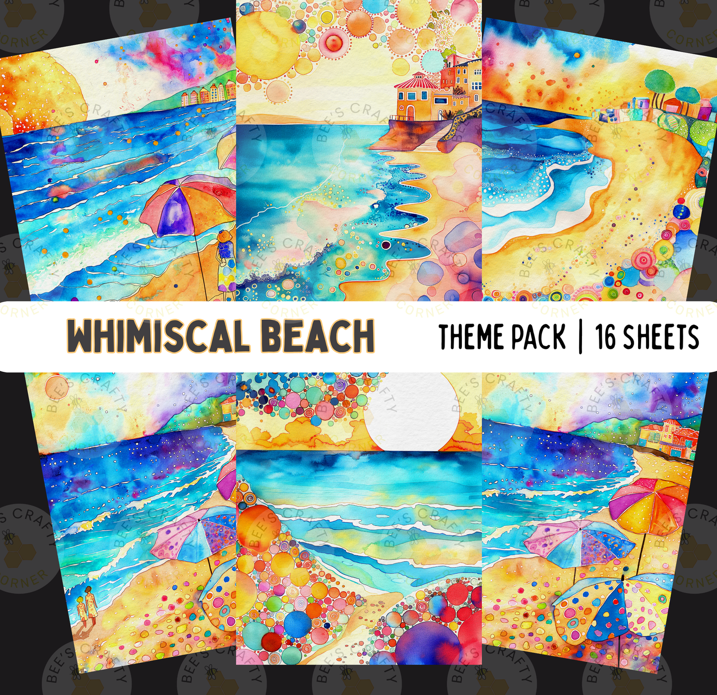 The image is a collage of six colorful and vibrant beach-themed paintings, each depicting a different scene of a whimsical beach.