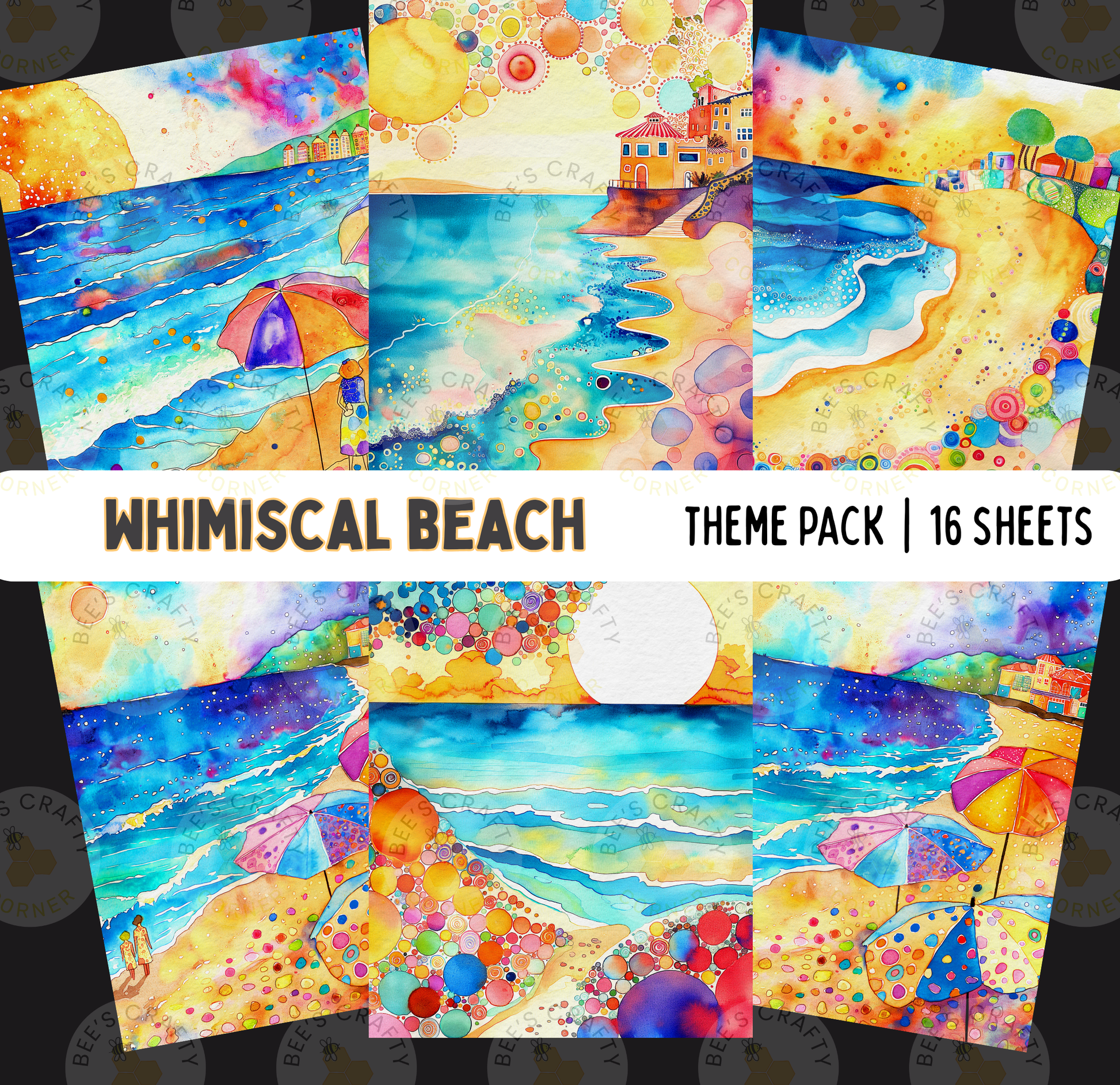 The image is a collage of six colorful and vibrant beach-themed paintings, each depicting a different scene of a whimsical beach.