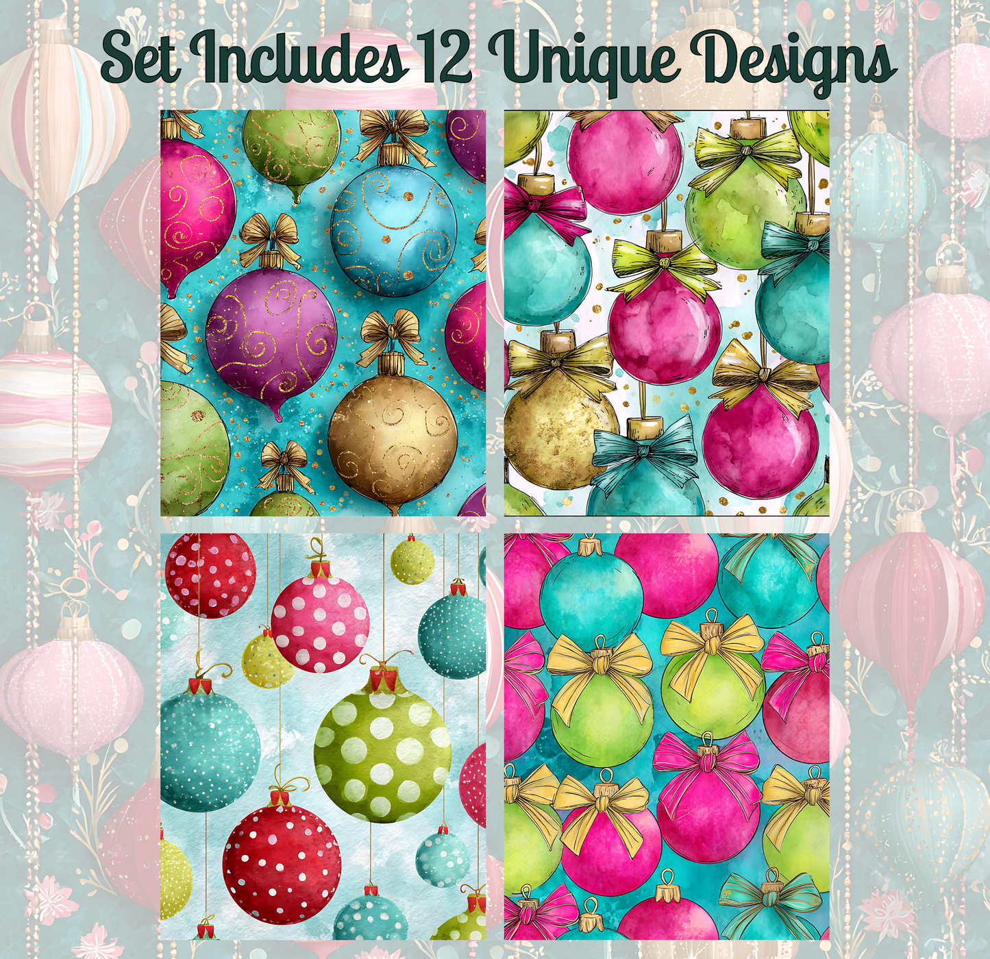a set of 12 unique Christmas ornament designs, each with a different color and pattern. The designs include polka dots, stripes, and various other festive elements. The images are arranged in a grid format, showcasing the diverse and creative designs.
