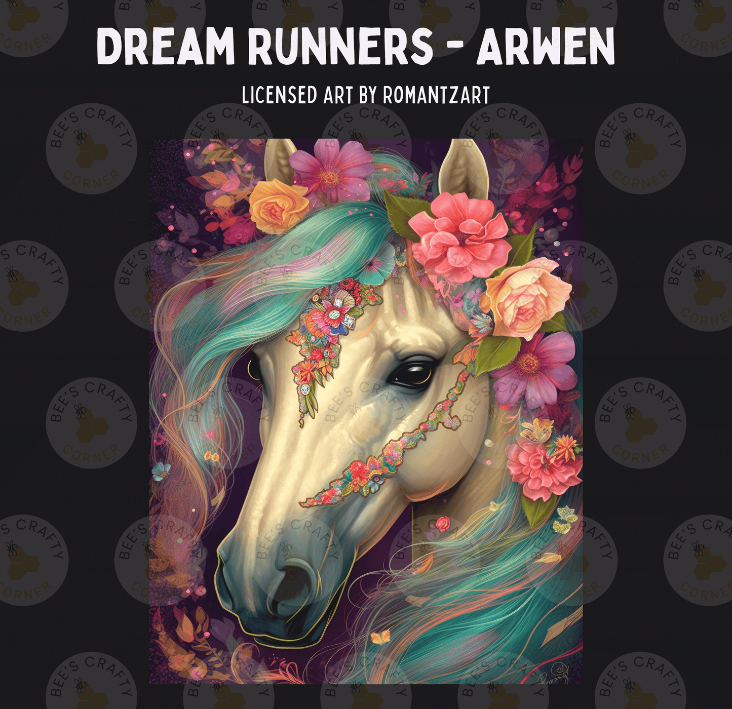 The image is a vibrant and colorful illustration of a unicorn with a floral headdress, surrounded by a variety of flowers and foliage.