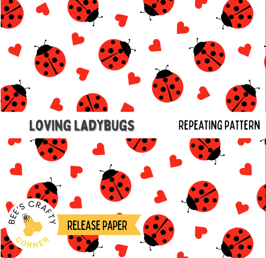 a repeating pattern of red ladybugs and hearts on a white background.