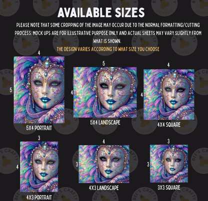 The image is a collage of six different portrait sizes, each featuring a colorful and intricate face with elaborate makeup and decorations.