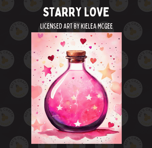 The image is a painting of a pink glass bottle with a cork stopper, surrounded by hearts and stars, creating a whimsical and magical atmosphere.