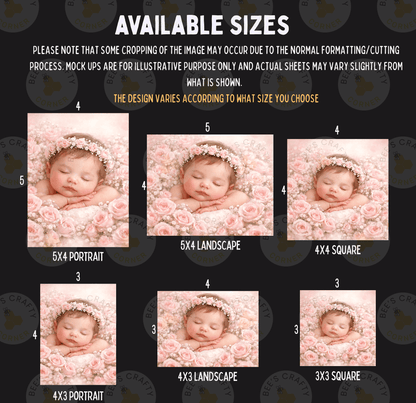 The image is a collage of six different sizes of baby portraits, each featuring a sleeping baby surrounded by pink flowers. The sizes range from 4x3 to 5x5, and the babies are dressed in various outfits, including onesies and headbands. The collage is designed to showcase the different sizes of baby portraits, allowing viewers to choose the size that best suits their needs.