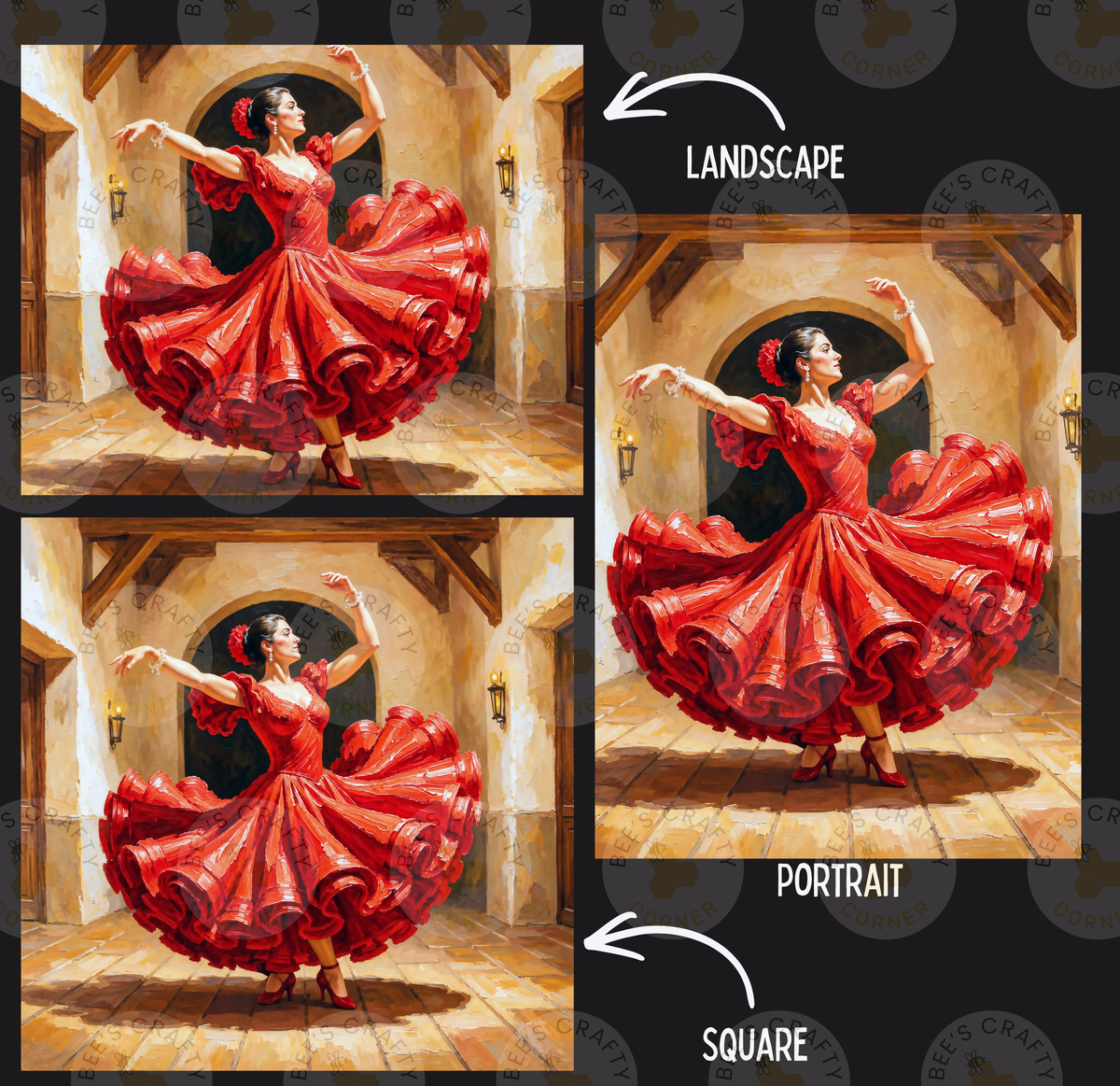 The image is a collage of three pictures depicting a woman in a red dress dancing. The collage includes two images of the woman in a landscape and a portrait, as well as a square image of the same woman in a red dress.
