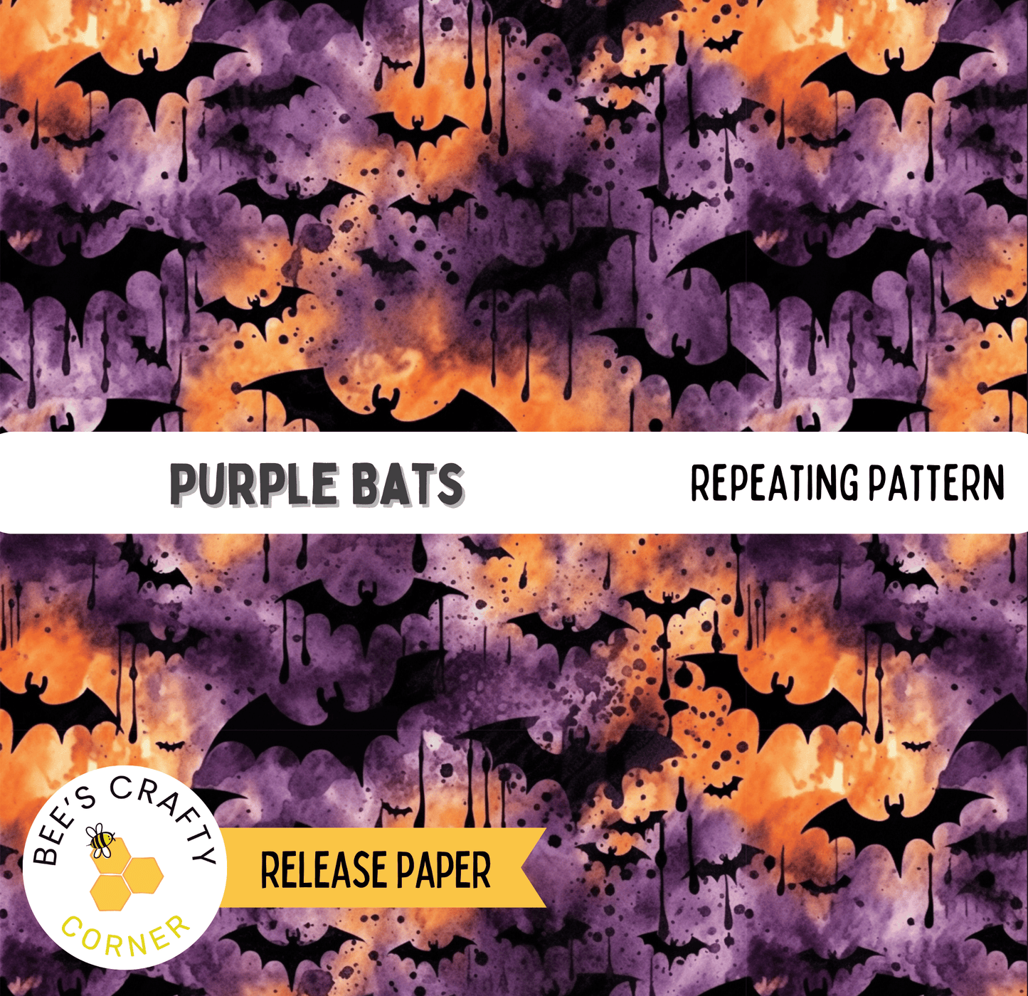 The image is a repeating pattern of purple bats against a background of orange and purple hues, creating a visually striking and festive design.
