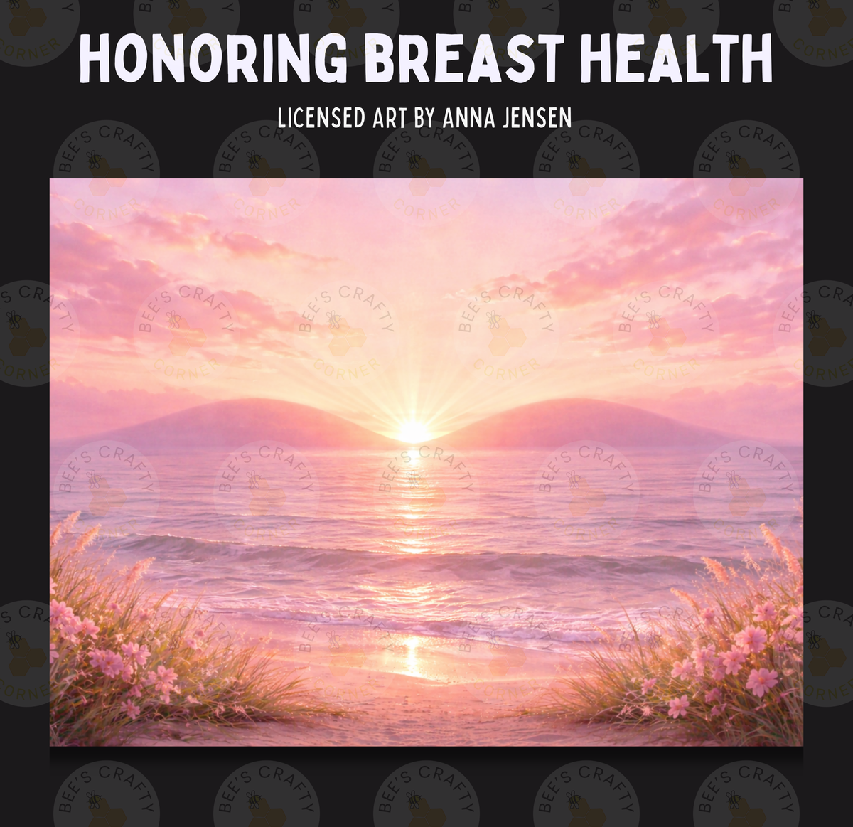 The image is a serene landscape featuring a sunset over a body of water, with a beach and grassy area in the foreground.