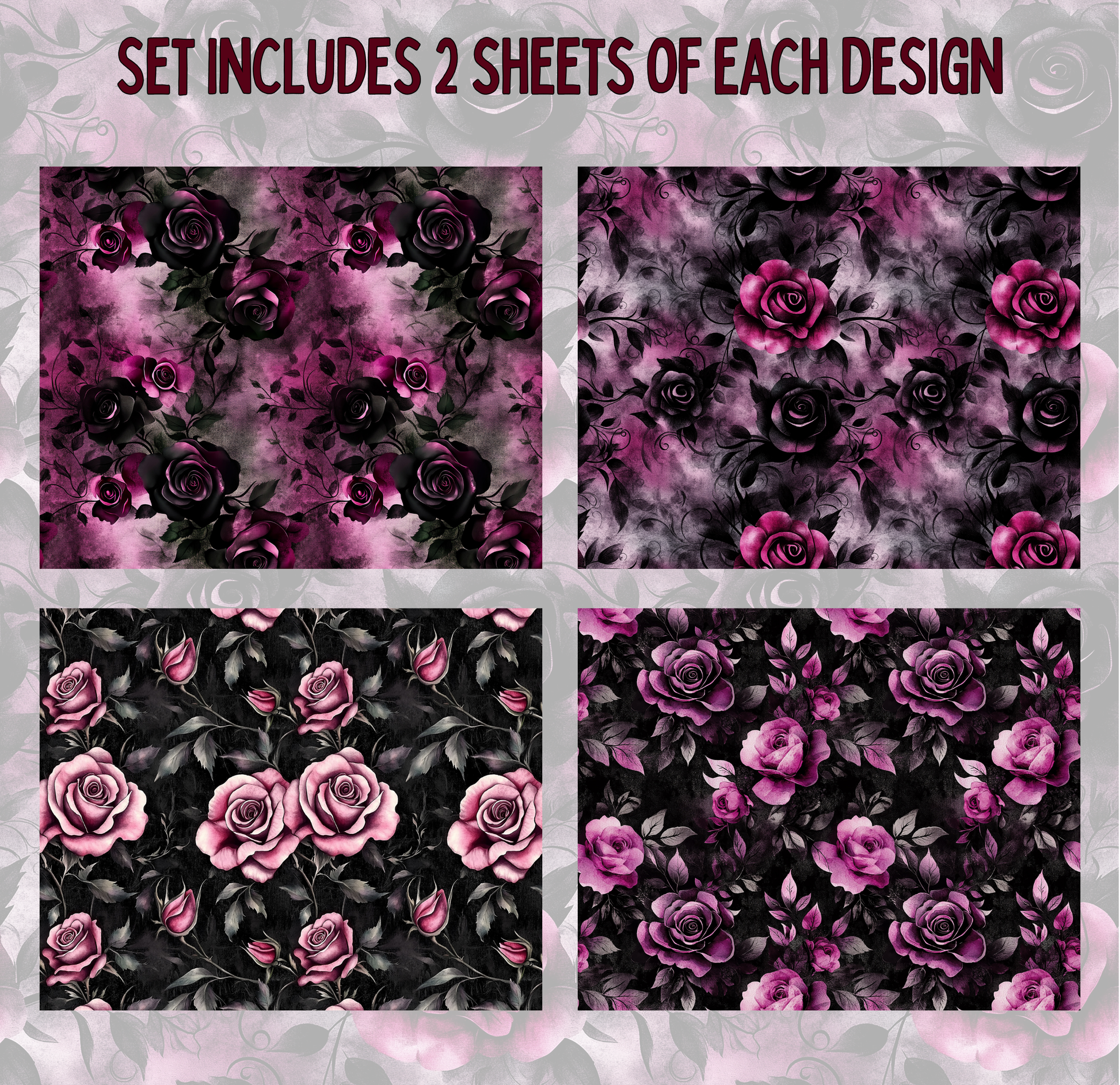 four different floral designs, each with a unique pattern of pink and black roses. The designs include a floral pattern with pink roses, a dark pink floral pattern, a floral pattern with black roses, and a floral pattern with pink roses. The image does not contain any text or additional elements that would require a description.