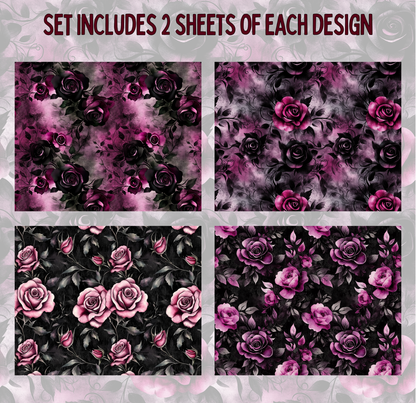 four different floral designs, each with a unique pattern of pink and black roses. The designs include a floral pattern with pink roses, a dark pink floral pattern, a floral pattern with black roses, and a floral pattern with pink roses. The image does not contain any text or additional elements that would require a description.