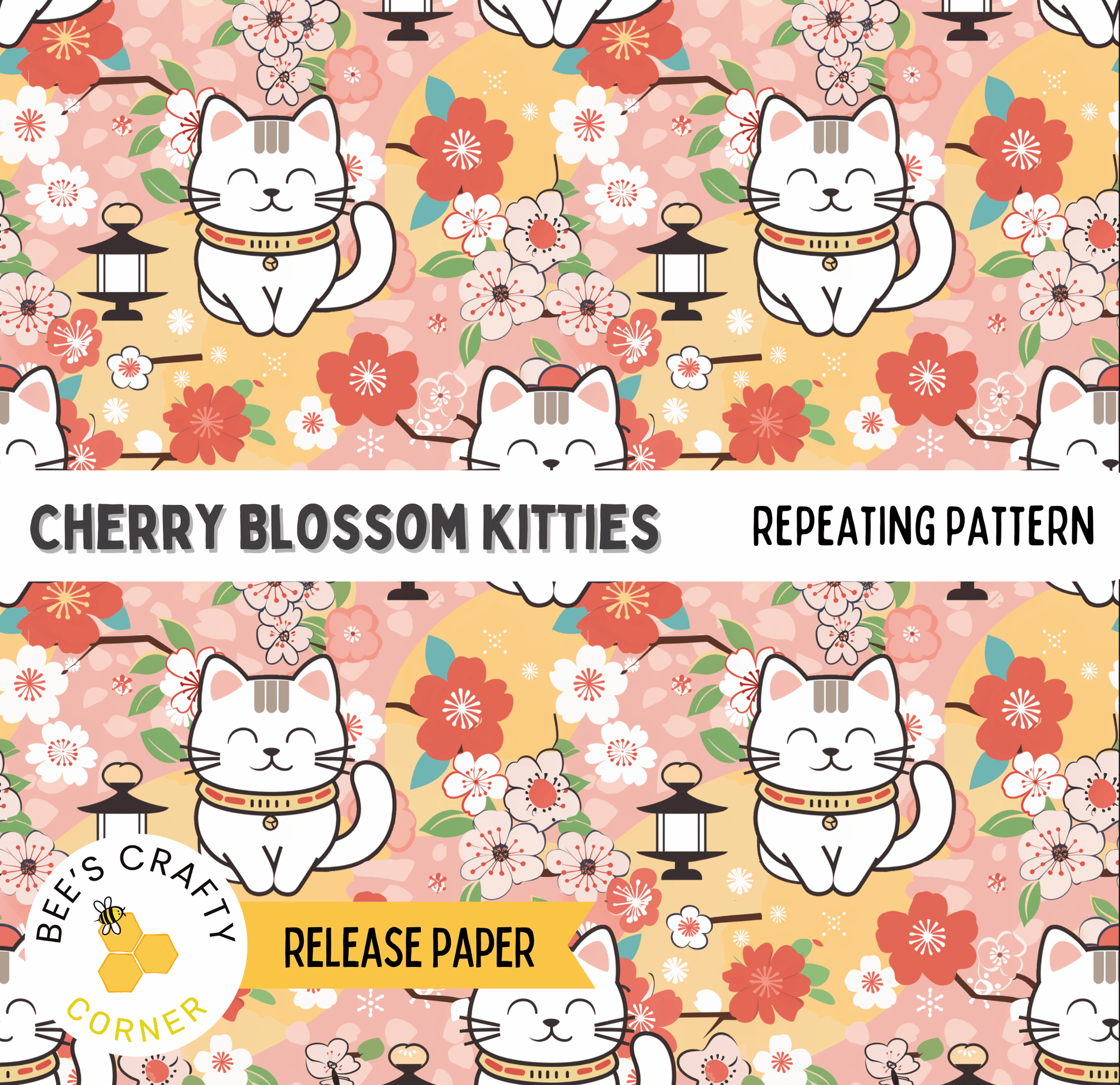 The image is a repeating pattern of cherry blossom kitties, a popular Japanese design element, against a background of pink and orange flowers.