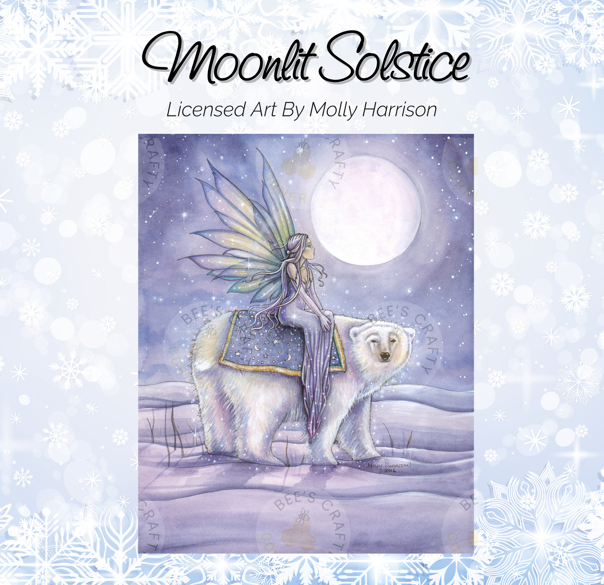 The image is a painting depicting a fairy riding a polar bear on a snowy landscape under a moonlit sky.