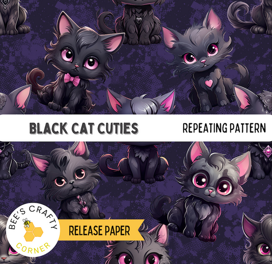 The image is a repeating pattern of black cat cuties, featuring various cartoon-style cats with large eyes and pink accents.