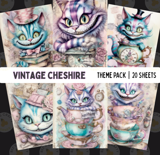 The image is a theme pack of vintage Cheshire illustrations, featuring various whimsical and fantastical cat characters.