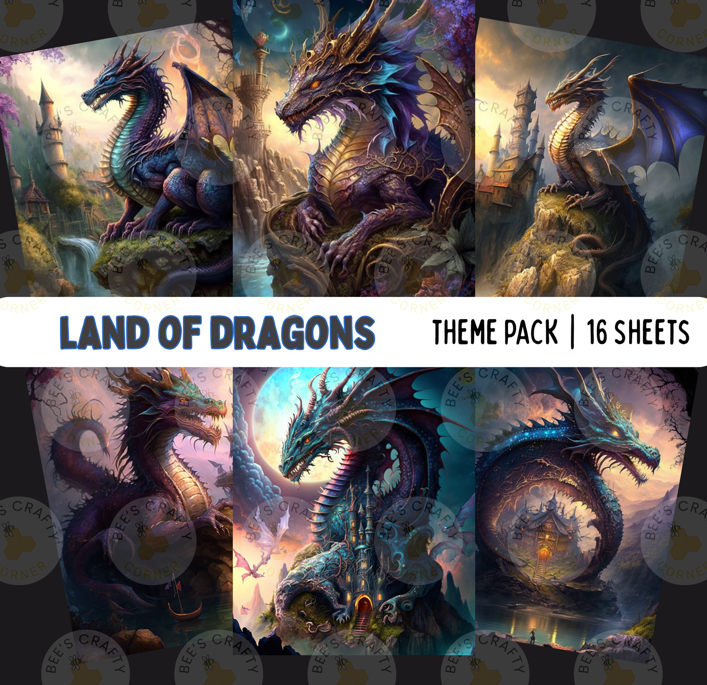 The image is a theme pack of 16 dragon-themed illustrations, featuring various fantastical and imaginative dragon designs.