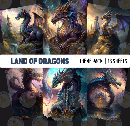 The image is a theme pack of 16 dragon-themed illustrations, featuring various fantastical and imaginative dragon designs.