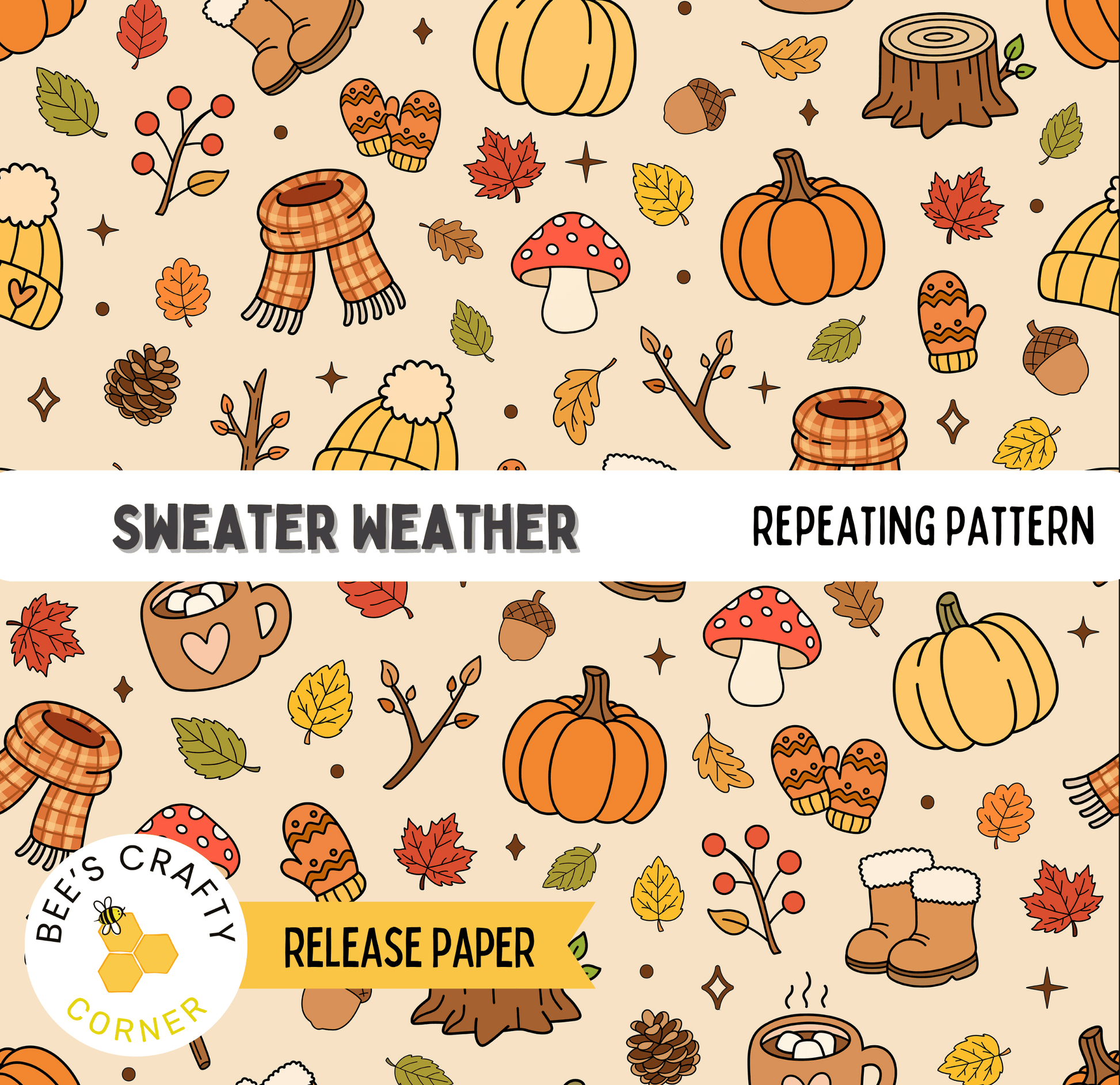 The image is a repeating pattern of various autumn-themed objects, including pumpkins, leaves, mittens, and a scarf. The pattern is designed to evoke a cozy, seasonal atmosphere.