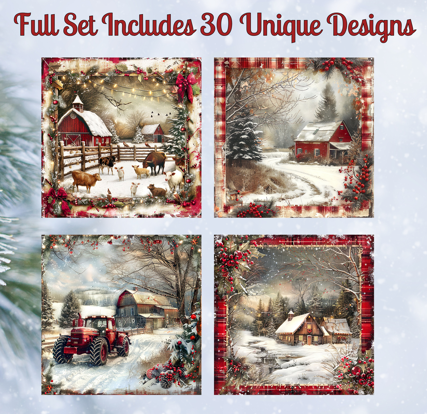 The image is a collage of four pictures depicting various winter scenes, including a farm, a snowy landscape, a red barn, and a snowy road.