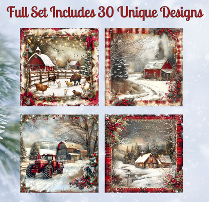 The image is a collage of four pictures depicting various winter scenes, including a farm, a snowy landscape, a red barn, and a snowy road.