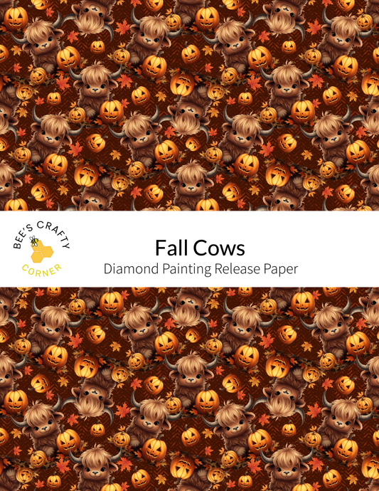 The image is a repeating pattern of brown cows and pumpkins against a brown background.