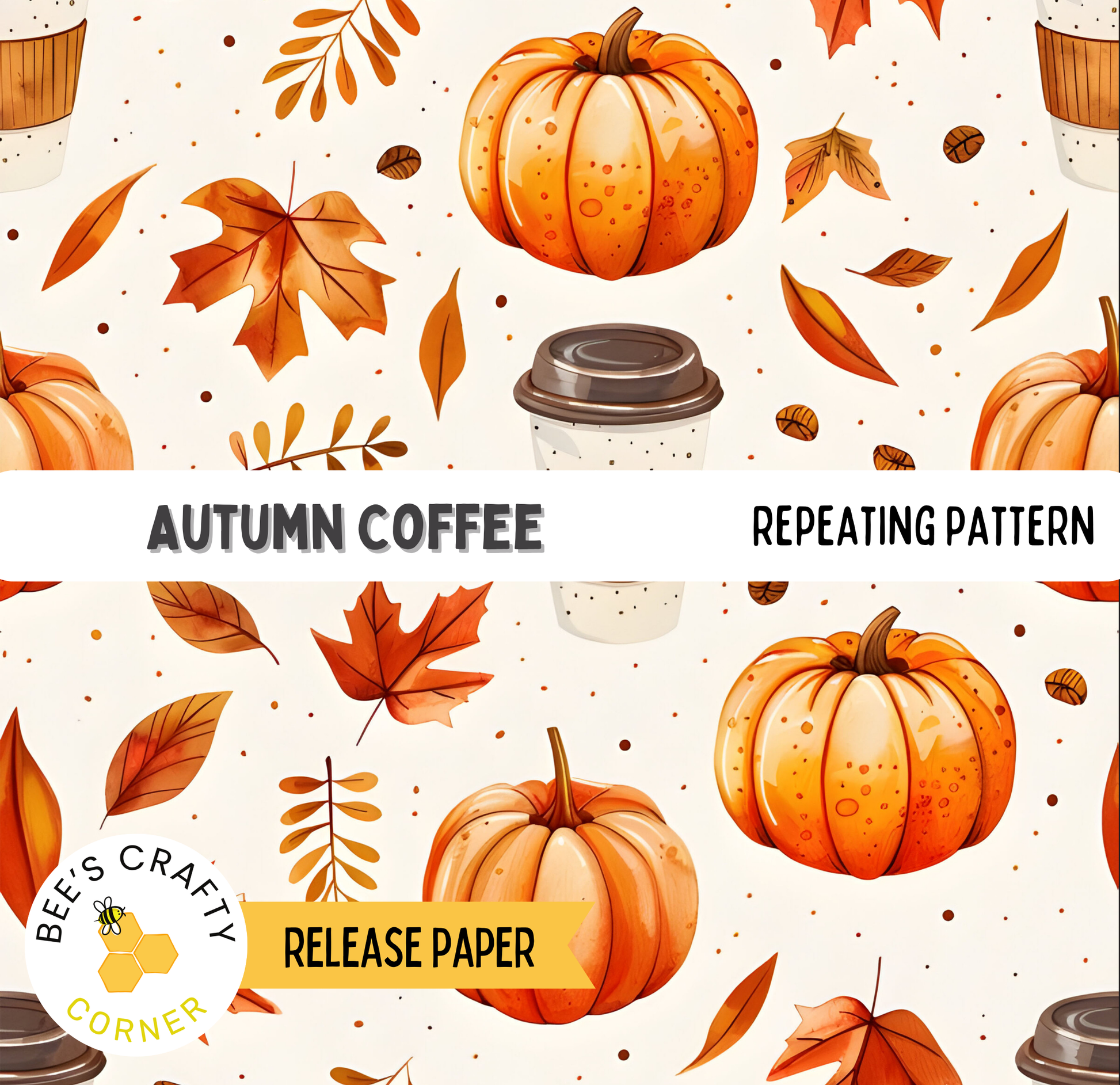 The image is a repeating pattern of autumn-themed elements, including pumpkins, leaves, and coffee cups.