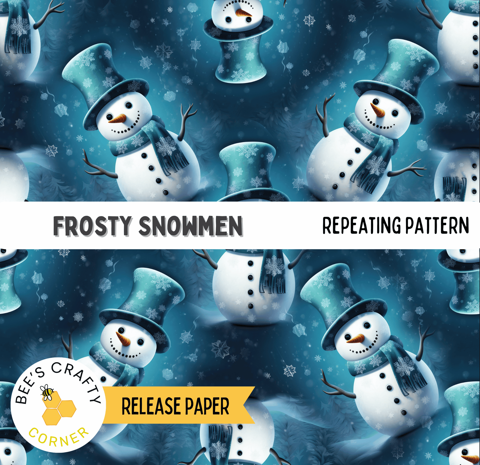 The image is a repeating pattern of frosty snowmen, each with a top hat and scarf, against a snowy background.
