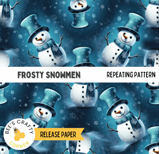 The image is a repeating pattern of frosty snowmen, each with a top hat and scarf, against a snowy background.