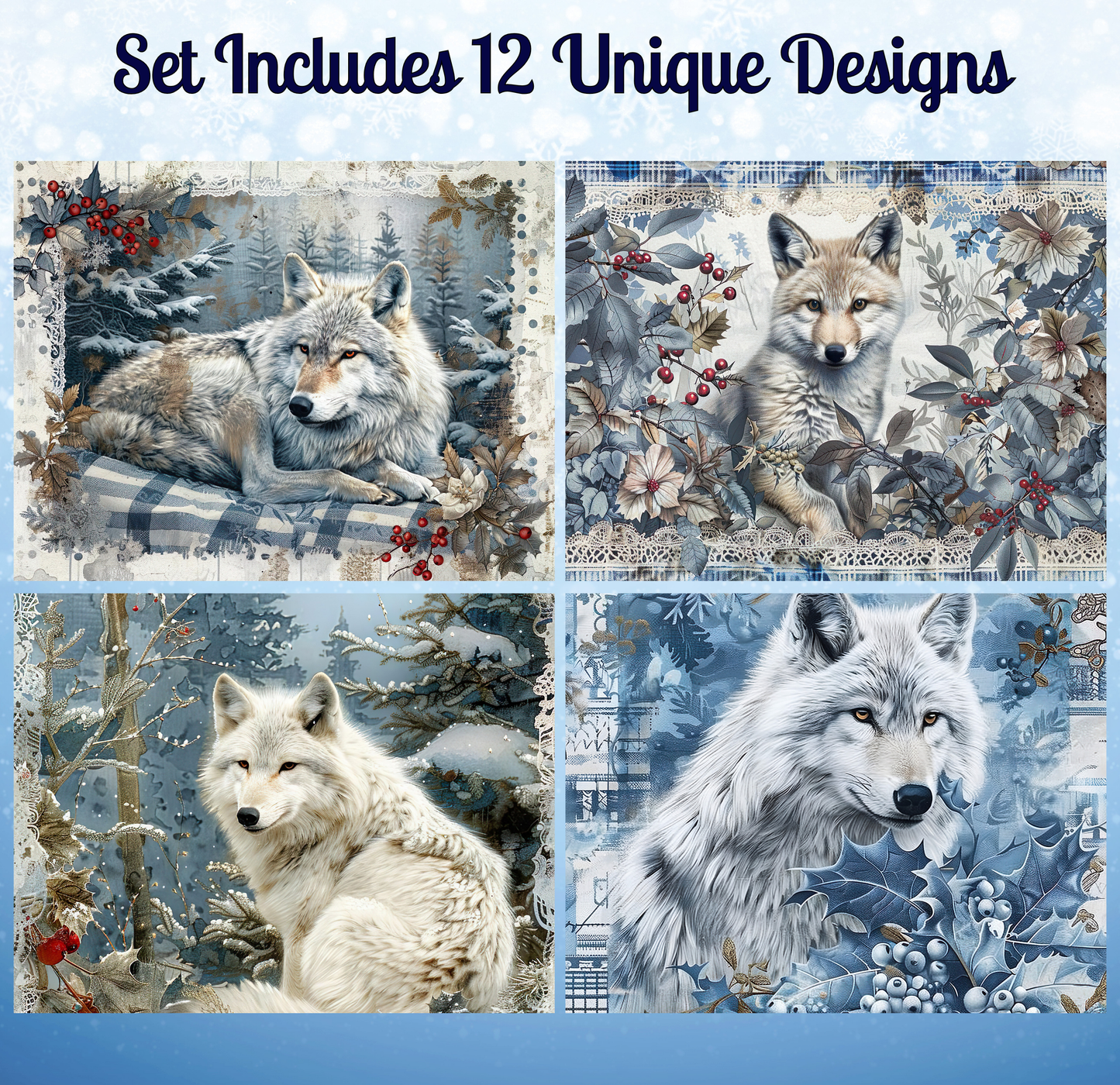 The image is a collage of four pictures featuring a wolf in various winter-themed settings, including snowy landscapes, pine trees, and berries.