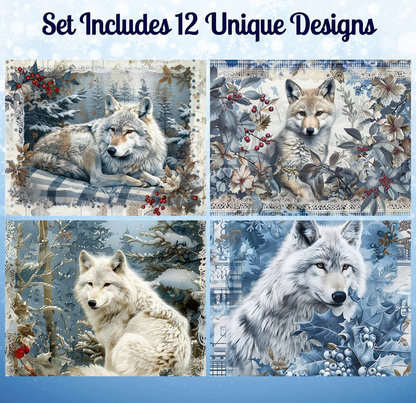The image is a collage of four pictures featuring a wolf in various winter-themed settings, including snowy landscapes, pine trees, and berries.
