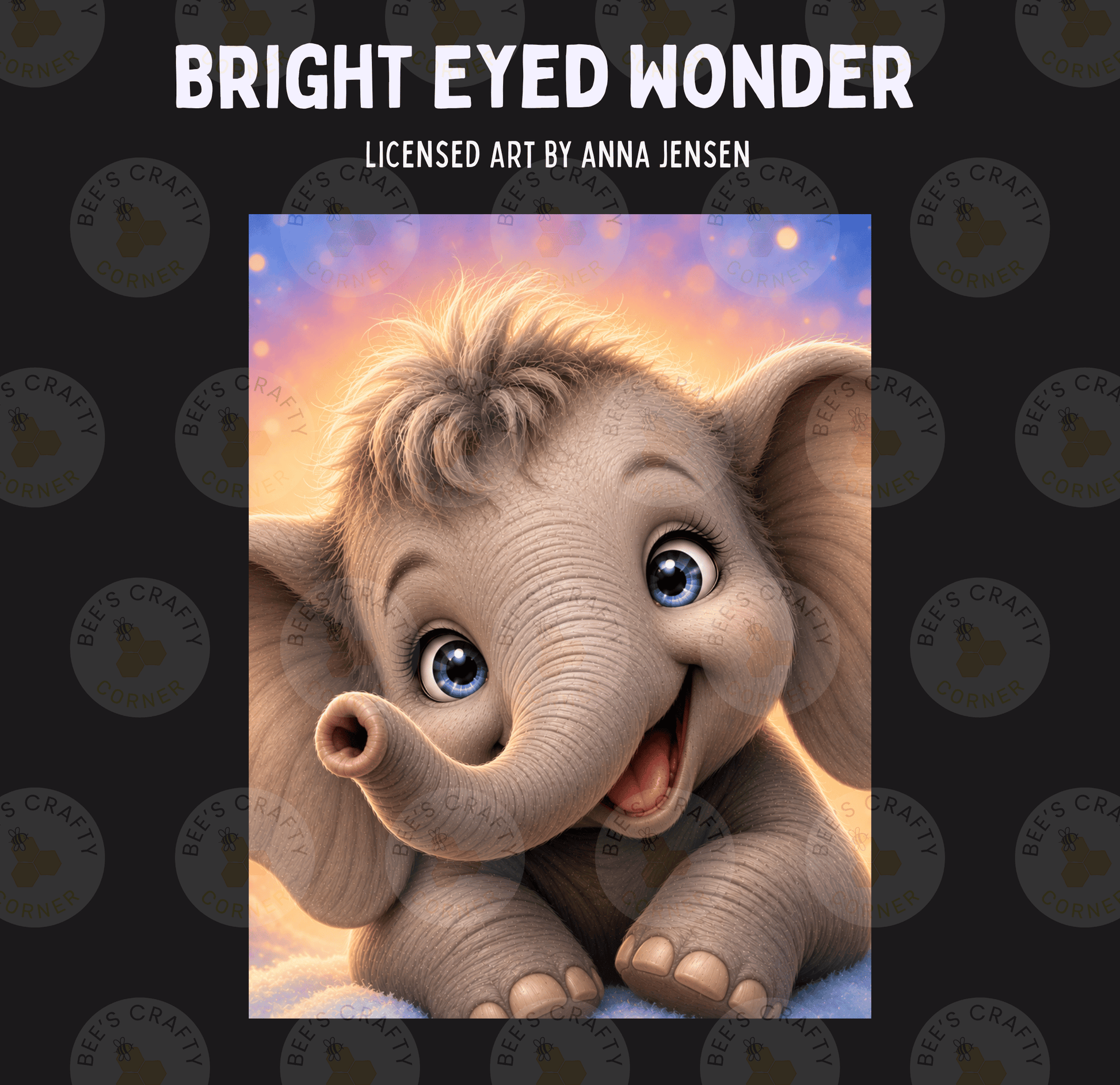 The image is a digital illustration of a smiling elephant with large, expressive eyes and a trunk.