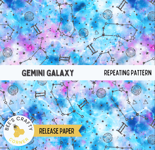 The image is a repeating pattern of the Gemini Galaxy, a constellation in the night sky. The pattern features various celestial objects such as planets, stars, and nebulae, all rendered in a vibrant blue and purple color scheme. The pattern is designed to resemble the Gemini constellation, which is a group of three bright stars located in the constellation Cassiopeia. The pattern is a repeating design, with the same celestial objects and their positions repeated across the image.
