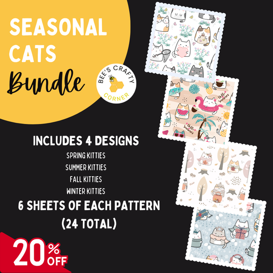 The image is an advertisement for a seasonal cats bundle, which includes four different cat designs and six sheets of each pattern. The bundle is available for $24, with a 20% discount.