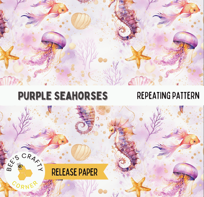 The image is a repeating pattern of purple seahorses, jellyfish, and starfish against a pink and purple background.