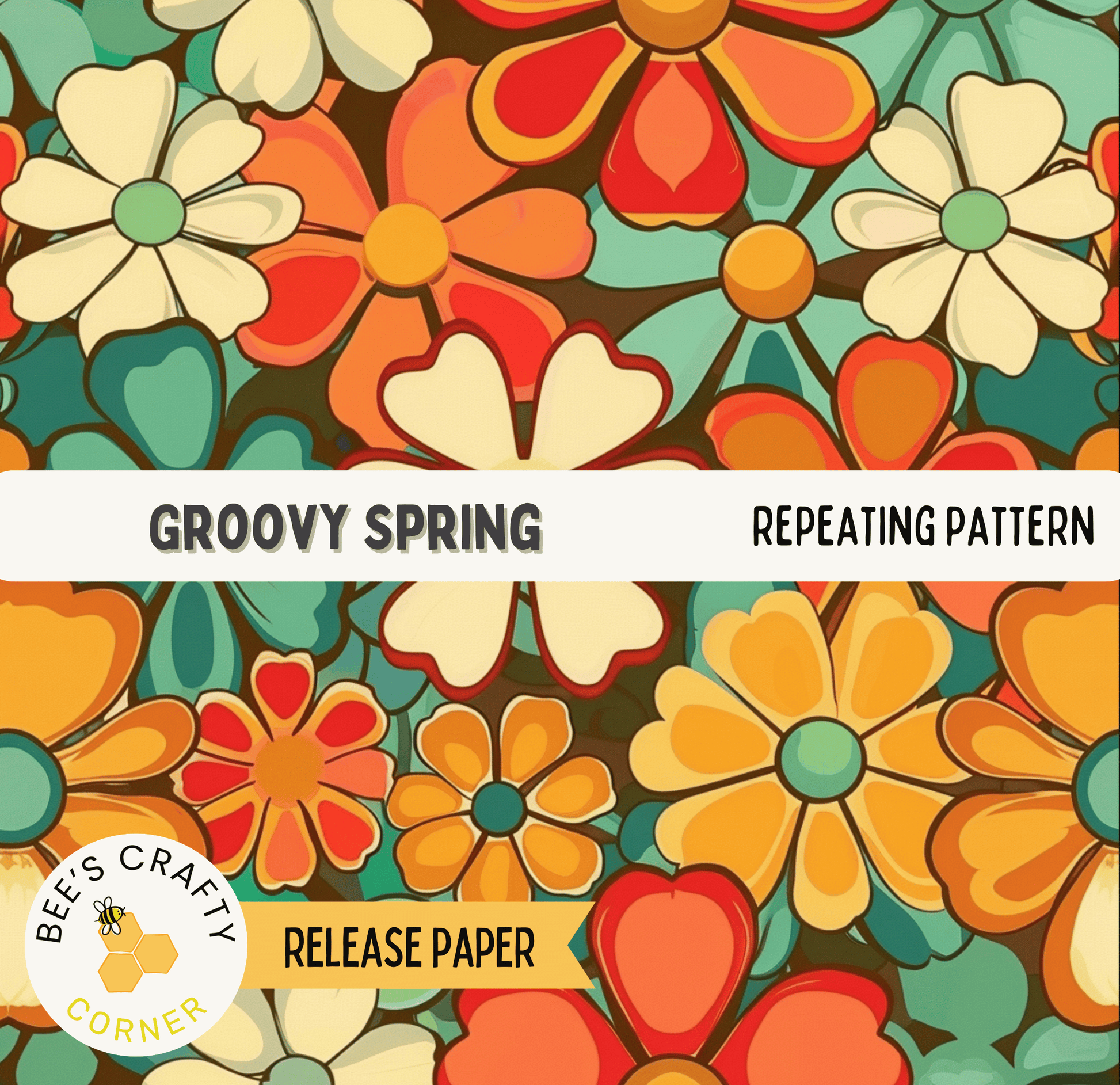 The image is a repeating pattern of colorful flowers, including white, orange, and yellow flowers, arranged in a visually appealing and vibrant design.