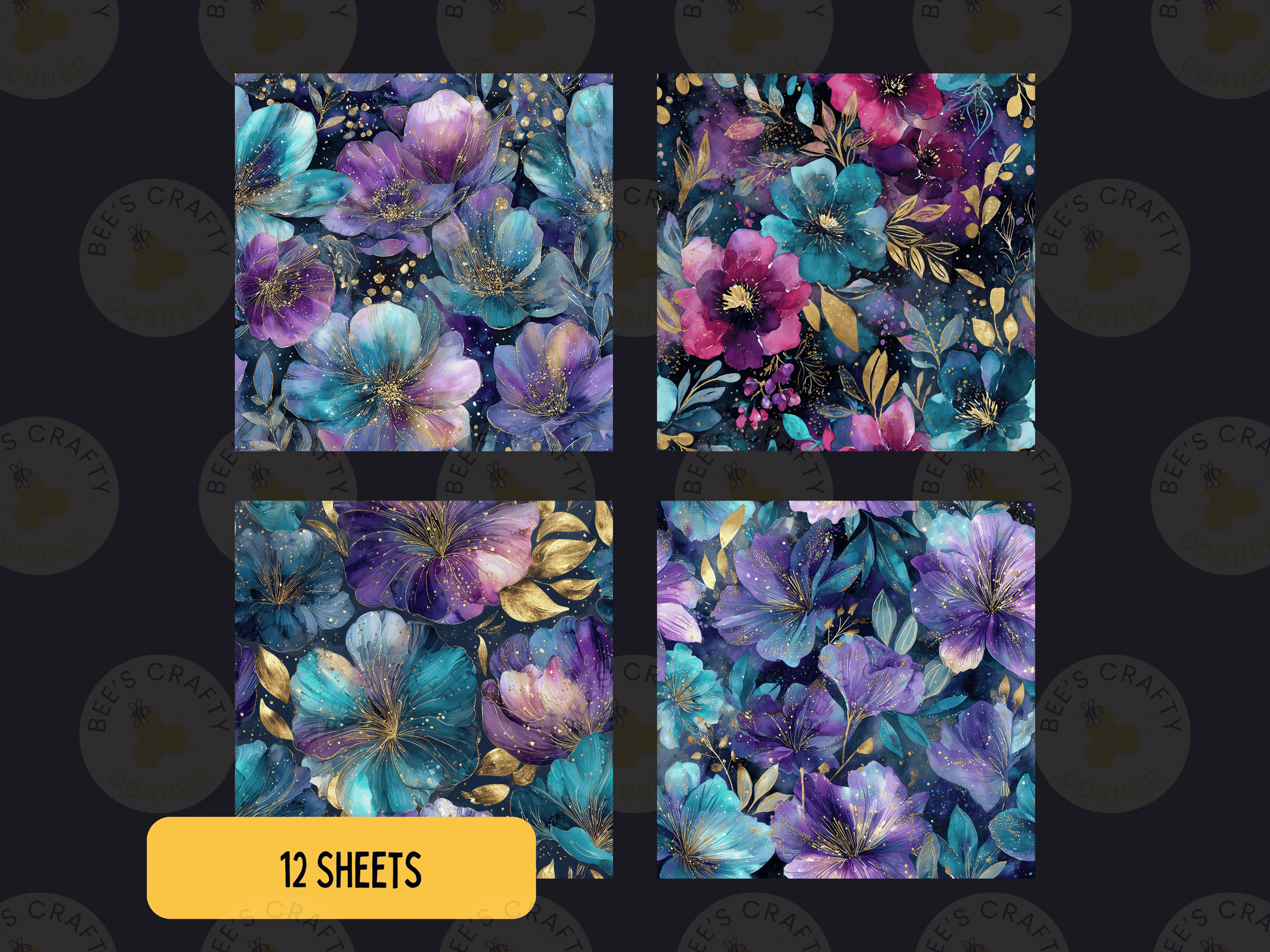 four square images of vibrant, colorful flowers with gold accents, arranged in a grid format.