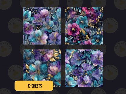four square images of vibrant, colorful flowers with gold accents, arranged in a grid format.