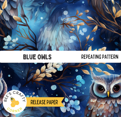 The image is a digital illustration featuring a blue owl surrounded by a night sky with stars and branches. The owl is the main subject, with the background showcasing a dark blue color. The image is described as a repeating pattern, suggesting it is a patterned design.