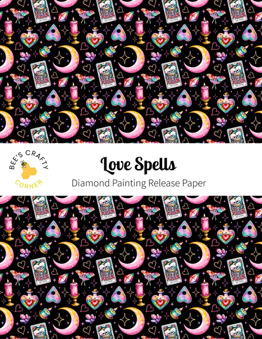 The image is a repeating pattern of various colorful and whimsical objects, including hearts, crescents, crescent moons, and tarot cards, against a black background.