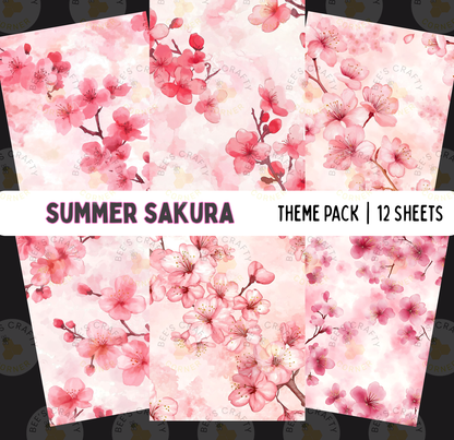 The image is a collage of 12 sheets featuring a repeating pattern of pink cherry blossoms against a light pink background.