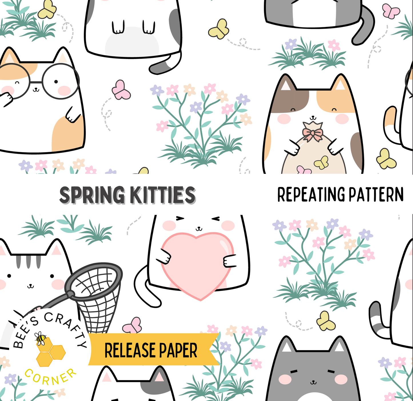 The image is a repeating pattern of cartoon cats holding various objects, such as hearts and flowers, against a white background with green and pink floral elements.
