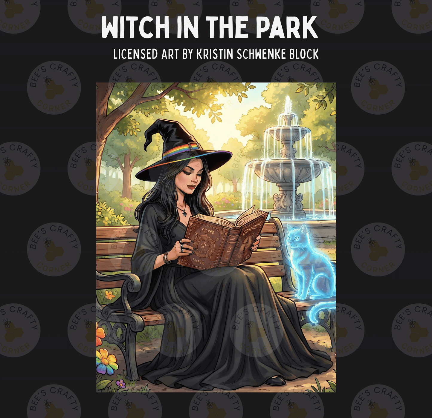 A woman dressed as a witch is sitting on a bench in a park, reading a book.
