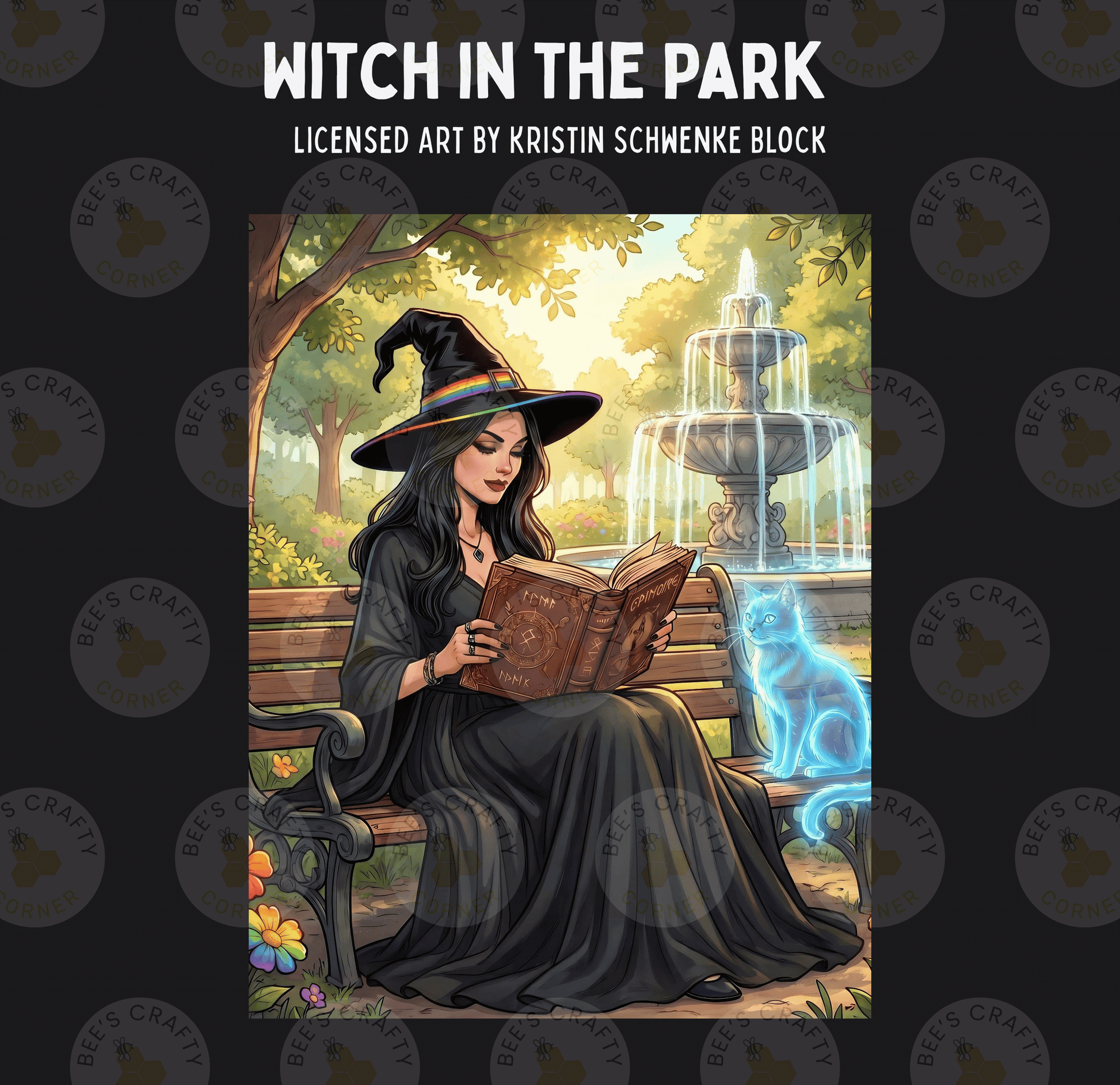 A woman dressed as a witch is sitting on a bench in a park, reading a book.