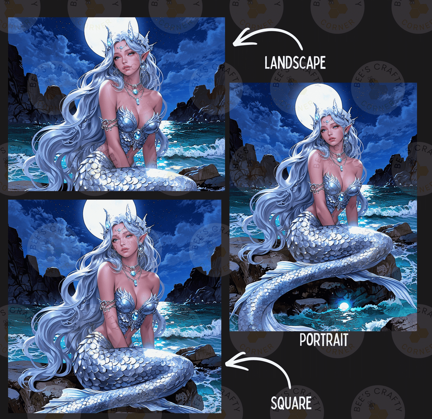 The image is a collage of three pictures depicting a mermaid with long, flowing hair sitting on a rock, surrounded by a night sky with a full moon and a body of water.